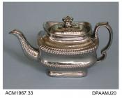 Teapot, red earthenware, oblong shape, the exterior silver lustred to imitate silver-ware, not marked, probably made in Staffordshire, c1820-1830