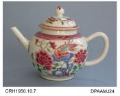 Teapot, hard paste porcelain, globular shape, exotic bird and peonies painted in famille rose colours, cone shaped knop, not marked, made in Jingdezhen, Jiangxi Province, China, c1740-1760