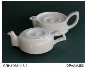Teapot, pair of teapots, made to fit one on top of the other, white earthenware, undecorated, rubber stamped and moulded marks on bases of both components, "HEATMASTER / DUB-L-DEKR / PAT NO. / 538737 / MADE IN ENGLAND", made by Ellgreave Pottery Co, Bur