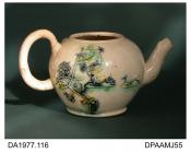 Teapot, earthenware, lid missing, end of spout ground off, bullet shape with crabstock handle and spout, moulded and sprigged stag hunt and flowers coloured with underglaze oxides, not marked, possibly Thomas Whieldon, Fenton Vivian, Stoke-on-Trent, Sta