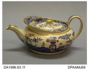 Teapot, pearlware, low oval shape with parapet, underglaze blue printed Blue Bamboo pattern with gilt details, impressed WEDGWOOD and painted decorators marks on base, made by Wedgwood, Etruria, Stoke-on-Trent, Staffordshire, c1805-1815
Blue Bamboo was 