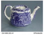 Teapot, white earthenware, wide conical shape, blue transfer printed Abbey 1790 design, printed factory mark and pattern name on base, made by George Jones, Crescent Pottery, Stoke-on-Trent, Staffordshire, c1920-1950