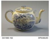 Teapot, white earthenware, globular shape with secondary lug handle on shoulder, decorated with underglaze blue printed pastoral scenes, factory and retailers' marks on base, made for china merchants T Goode and Co, London, by W Adams and Sons, Tunstall