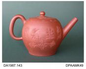 Teapot, red stoneware, inverted pear shape, sprigged decoration including scrolling foliage and a man with gun and dog, not marked, made in Staffordshire, c1760