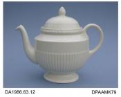 Teapot, creamware, Edme shape, printed factory and USA patent marks on base, made by Wedgwood, Barlaston, Staffordshire, c1940-1975the Edme tableware shape was designed by Wedgwood's art director, John E Goodwin, in collaboration with Pannier Freres of