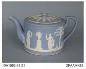 Teapot, jasper ware, pale blue, drum shape, decorated with two sprigged subjects, on one side An Offering to Peace and on the other A Sacrifice to Hymen, impressed WEDGWOOD ENGLAND on base, made by Wedgwood, Etruria, Stoke-on-Trent, Staffordshire, c1890