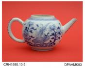 Teapot, lid missing, hard paste porcelain, globular shape, blue painted bird and flowers, not marked, made in Jingdezhen, Jiangxi Province, China c1750