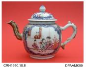 Teapot, hard paste porcelain, globular shape, decorated with underglaze blue cartouches, enamelled figures and flowers, not marked, made in Jingdezhen, Jiangxi Province, the enamelled decoration probably added in Guangzhou, Guangdong Province, China, c1