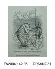 Cartoon sketch, a large fish with rod and hamper regarding a large hook dangling in front of it. Caught on the hook are several lawyers, a bag and a piece of paper labelled COSTS. Circa 1871-1874.vol 2, page 97