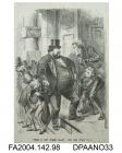 Cartoon sketch to accompany a song of the same title (FA142.97), the Claimant, supported by Serjeant Ballantine and a group of unsavoury backers, is trying to push his way through the front door of Tichbourn Hall, while the Infant and Sir John Coleridge