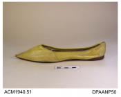 Shoe, one only, women's, yellow kid, lined white kid, linen insole, needle point toe, straight side seams, very low wedge heel of brown leather, flat leather sole, straights, approximate overall length 260mm, approximate heel height 10mm, approximate wi