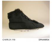 Boots, pair, women's, over-boots, black spot weave silk, lined with mauve silk, top edge trimmed with black cotton fringe, self covered buttons on both sides of front opening to secure laces, square toe trimmed black ribbed silk ribbon bow, flat leather