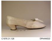 Shoes, pair, women's, plain court, white sateen, almond toe, white silk ribbon bow trim, white cord drawstrings within edge binding, knock-on heel, lined white cotton, leather sole stamped size 3, approximate overall length 245mm, approximate heel heigh