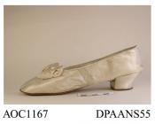 Shoes, pair, women's, wedding shoes, white satin over white kid, squared toe with rounded corners, low cut vamp trimmed with matching bow, covered knock-on heel, leather sole stamped RB and Co, Paris, Londres, approximate length overall 235mm, approxima