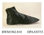 Boots, pair, women's, ankle boots, black satin, laced at inner ankle with fifteen pairs of hand worked eyelets and matching tongue, squared toe with rounded corners, lined white silk, flat leather soles, approximate length overall 245mm, approximate wid