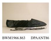 Shoes, pair, women's, black satin, broad square toe, narrow black elastic ties at the ankle, lined white kid, flat straight leather sole, insole labelled Corpe, 126 Mount Street, Berkeley Square, London, approximate length 260mm, approximate width of so
