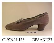 Shoes, pair, women's, grey velvet, low cut vamp with elasticated front gusset covered by large flat bow of pale grey sateen, lined white cotton stamped 6 4 523, oval toe, velvet covered Cuban knock-on heel, leather sole stamped 6, approximate length ove
