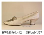 Shoes, pair, women's, cream satin, pointed toe trimmed with crystal and grey beads on vamp and bow, lined white kid, straight side and rear seams, curved and waisted knock-on heel, leather sole stamped 6 and 3, approximate length overall 260mm, approxim