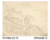 Index number 12: the old entrance gate from the outside of Dover Castle, Dover, Kent, drawn by Captain Durrant, 1808
an infantryman with woman by his side approaches the castle and a cart with two people in makes its way up the steep castle road
album o