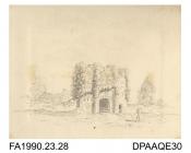 Index number 25: drawing, pencil drawing, St Radagund's Abbey at Broadsoale, a ruin overgrown with ivy (?), drawn by Captain Durrant, 1809
album of watercolours/drawings of Kent, Hampshire, Sussex, Isle of Wight, Wiltshire, Essex, Suffolk and Devon, con
