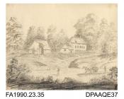 Index number 32: drawing, pencil drawing, sketch of farm buildings (?) with horse and cart and two men passing by, entitled One Mile from Brabourne Lees, Kent, drawn by Captain Durrant, 1809
album of watercolours/drawings of Kent, Hampshire, Sussex, Isl