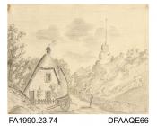 Index number 70: drawing, pencil drawing, view of St Boniface Cottage, St Boniface village, Isle of Wight, drawn by Captain Durrant, 1802-1813
album of watercolours/drawings of Kent, Hampshire, Sussex, Isle of Wight, Wiltshire, Essex, Suffolk and Devon,