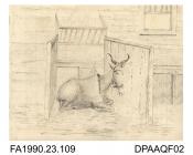 Index number 100: drawing, pencil drawing, sketch of a mountain cow from Barbary, lying in a stable with manger above, drawn by Captain Durrant, June 1813
album of watercolours/drawings of Kent, Hampshire, Sussex, Isle of Wight, Wiltshire, Essex, Suffol