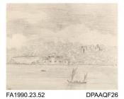 Index number 48: drawing, pencil drawing, a view of Calshot Castle from Southampton Water, drawn by Captain Durrant, 1802-1813
album of watercolours/drawings of Kent, Hampshire, Sussex, Isle of Wight, Wiltshire, Essex, Suffolk and Devon, contained withi