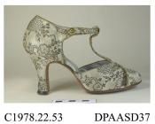 Shoes, pair, women's, evening sandals, cream, grey and silver floral brocade, silver now tarnished, T-strap with gold rosebud button, edges bound gold kid, lined silver kid, insole printed Saks, Fifth Avenue, rounded toe, stapped vamp, high straight Lou