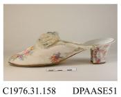 Slippers, pair, women's, mules, cream silk with woven design of garlands of flowers, oval toe, vamp trimmed rosette of cream silk gauze and pastel satin ribbons, edges trimmed cream silk gauze, lined cream satin, medium knock-on heel, heel edged cream s