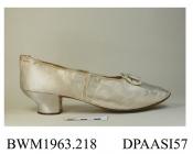 Shoes, pair, women's, wedding, cream satin, vamp trimmed crystal beadwork and bead trimmed bow, low curved and waisted knock-on heel, straight side seams, no rear seam, leather sole stamped 4 and 8, approximate length overall 245mm, approximate heel hei