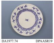 Tea plate, bone china, underglaze blue printed 'Japanese Crane' design, birds soaring and diving over ocean waves in the manner of a Japanese print; back, painted pattern number G 1688, impressed factory and date marks and printed pattern name, factory 