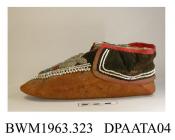 Slippers, pair, man's, moccasins, brown suede, round toe, vamp trimmed brown velvet and dense bead embroidery, cuff at ankle trimmed brown velvet outlined in white beads and edged in brown fabric and coral coloured wool braid, lined white cotton, flat s