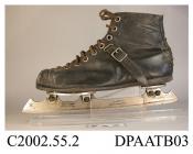 Skating boots, pair, women's, short ankle boots, black leather, front laced with nine pairs of metal eyelets and brown leather laces over full length tongue, tongue lined with blue felted fabric and labelled Sisman's Shoe, inner half sock of white cotto