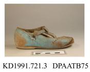 Shoe, one only, child's, pale blue leather, T-strap with blue button closure, broad rounded toe, vamp trimmed with pattern of punched holes, unlined, cream leather sole, damaged, approximate length overall 140mm, approximate width of sole 60mm, c1930s