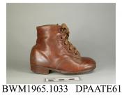Boots, pair, child's, ankle boots, brown leather, laced with five pairs of eyelets and brown laces over full length tongue, broad rounded toe, straight rear seam, lined white cotton, stacked leather heel, leather sole, approximate length overall 145mm, 