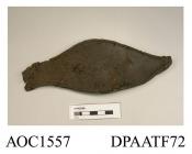 Shoe, left sole only, heel section missing, brown leather, pointed toe, narrow waist, approximate current length overall 200mm, approximate width of sole 85mm, c1450-1460