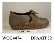 Shoe, one only, child's, brown leather, latchet tied through high broad turned down tab, unlined, straight side and rear seams, square toe, worn right through toe, stacked leather heel, straight leather sole, approximate length overall 145mm, approximat