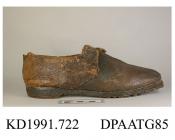 Shoes, pair, men's, brown leather, latchet tied over tongue, square toe, unlined, low stacked leather heel with iron rim, thick leather sole with studs, approximate length overall 235mm, approximate heel height 25mm, approximate width of sole 85mm, c185