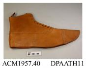 Boots, pair, uppers only, ankle boots, light tan leather, unused, nine pairs of eyelets and full length tongue, webbing loop to rear seam for boot hook, straight side and rear seams to galosh, all seams reinforced with tape on reverse, rounded toe, Balm