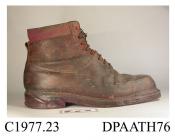 Boots, pair, men's, recreational, ski boots, dark red leather, front laced with eight pairs of eyelets holes and leather laces over full length tongue, top edged with band of woollen broadcloth or felted fabric, Norwegian style upper, square toe, thick 