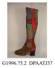 Boots, pair, women's, multi coloured suede patchwork, over the knee length, fitted leg, zipped inner leg, broad square toe, high knock-on block heel covered black suede, black plastic sole, stamped Made in England, lined black nylon jersey fabric, appro