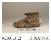 Shoe, one only, child's, leather, latchet tied over over tongue, broad round toe, straight rear seam and side seams, flat leather sole, damaged and dirty, approximate length overall 95mm, approximate width of sole 35mm, c1700-1820