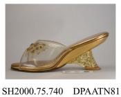 Shoes, mules, pair, women's, clear plastic trimmed with gold stitching and tiny gold flowers, open rounded toe, gold kid insole printed Tres Biens, Par Les Femmes D'Or, Made in USA, wedged heel made of clear acrylic with central panel of tiny gold squar