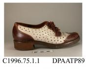 Shoes, pair, women's, recreational, walking shoes, hole punched white leather with brown leather trim, laced four pairs of eyelet holes in brown leather apron, narrow brown laces over white leather tongue, rounded toe with brown leather toecap, edges bo