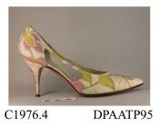 Shoes, pair, women's, white silk printed with acid green, pink and purple flowers in stylized design, needlepoint toe, cut-away sides with narrow band linking vamp and heel quarter, insole printed China Leather Ware Co, Hong Kong, straight rear seam, hi