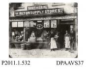 Scanned image, black and white, showing the shop front of Bransby, general stores, Normandy Street, Alton, Hampshire, 1890