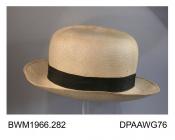 Hat, Panama, men's, cream coloured, finely woven from paj toquilla fibre, black petersham ribbon hatband, unlined, tan leather inner band printed Genuine Panama, label 7 1/8, approximate height 145mm, c1930-1965