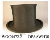 Opera hat, gibus, men's, black corded silk, crown having internal spring machanism so that it can be folded flat and stored under a theatre seat, medium brim with tightly curled sides, narrow silk hatband, lined black silk, made by G A Dunn and Company,