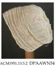 Baby's cap, bonnet, fine linen, six drawstrings round face with two narrow bands of fine whitework between, caul embroidered with diamonds of dots and eyelets, 5cm diameter crown with Ayrshire work motif with needle filling and scalloped tabs, cap proba